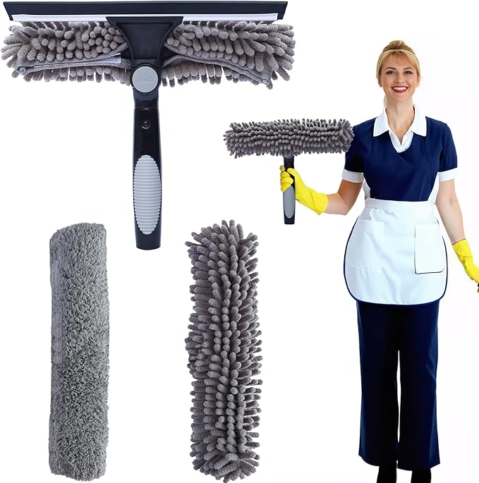 2 in 1 Window Washing Squeegee & Duster Window Cleaning Tool with 2 Pad Compatible with Standard 3/4 Inch Threaded Poles for Home Indoor Outdoor Window Washing//Duster Head Only (Gray)