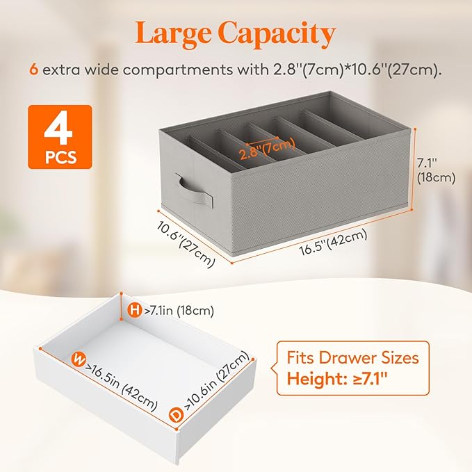 Lifewit 4 Pack Clothes Organizer, 6 Grids Closet Jean Storage Bins with Handles and Support Boards, Foldable Drawer Organizer for Sweater, Pants, T-shirt, Dress, Grey, Size 16.5''x10.6''x7.1''
