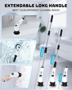 Electric Spin Scrubber, IPX7 Shower Scrubber 7 Replaceable Brush Heads-90Mins Work Time, 2-Speed Adjustable Bathroom Scrubber 3-Height Adjustable Handle Cordless Tub Scrubber for Bathtub Kitchen Glass