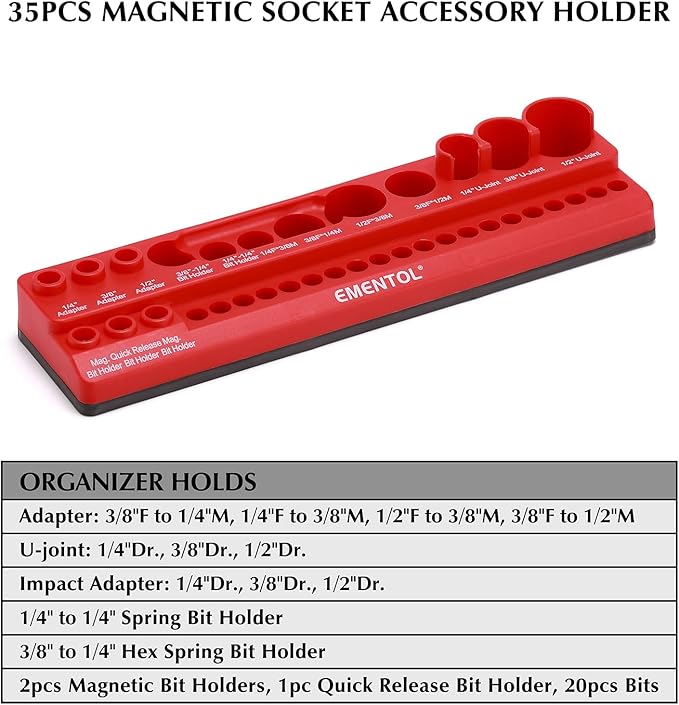 EMENTOL Magnetic Socket Accessory Holder, Red, 35 Pieces Holes, Organize Adapters, Universal Joints and Bits