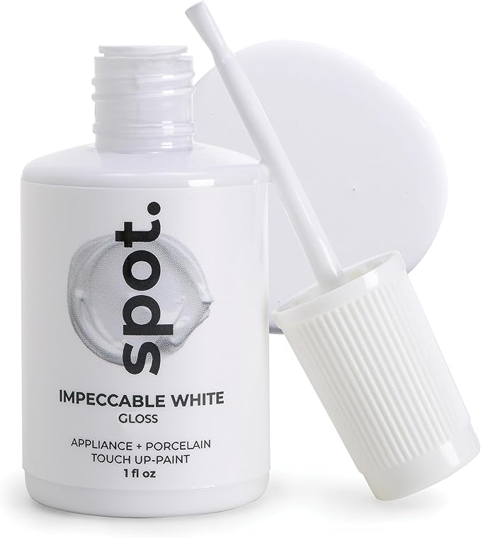 spot. Touch Up Paint, Porcelain + Appliance Repair Kit, for Chips, Scratches, Cracks, and Spots on Tiles, Metal Surfaces, Ceramics, and Fiberglass, White Gloss, 1 Fl Oz