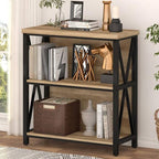 FATORRI Small Bookcase, Wood and Metal Low Short Bookshelf, Industrial Book Case and Rustic Book Shelf for Small Space (Rustic Oak)