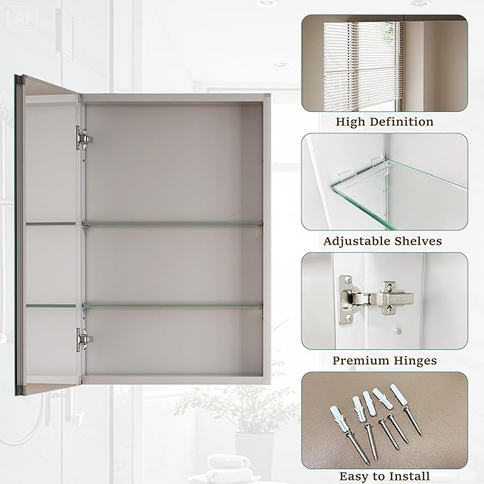 Bathroom Medicine Cabinet Mirror with Storage, 16 Inch x 24 Inch Silver Medicine Cabinet with Single Door & Adjustable Shelves for Vanity, Aluminum Surface, Wall-Mount or Recessed