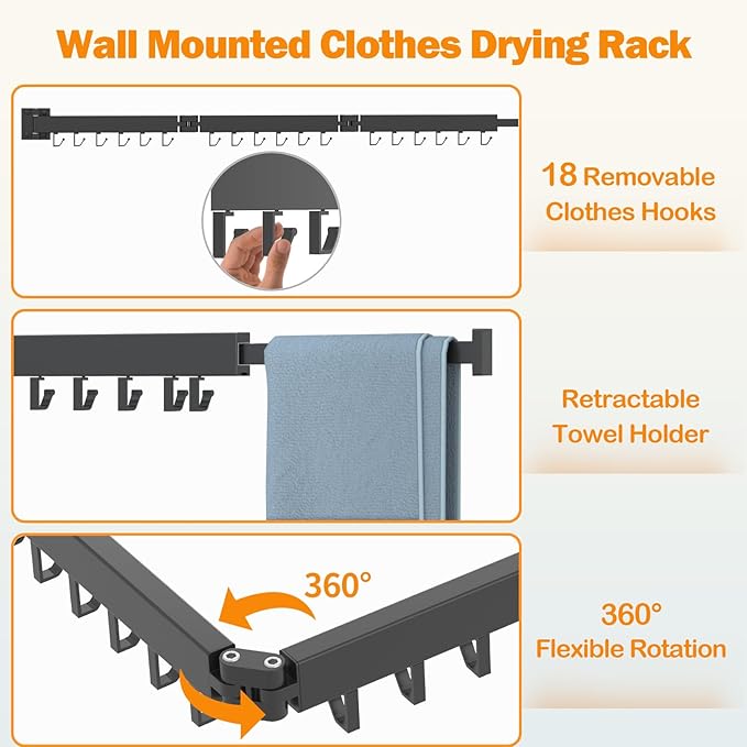 Foldable Clothes Drying Rack, 3 Fold Laundry Drying Rack Wall Mount, [No Drilling] Folding & Durable Space Saver for Laundry, Balcony, Bathroom, Patio, Dormitory, Apartment-White