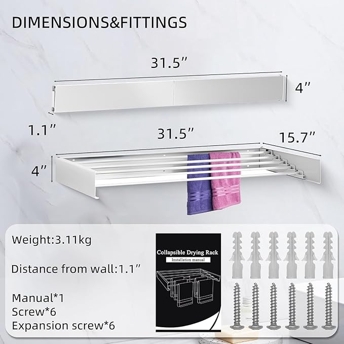 Laundry Drying Rack Collapsible, Wall Mounted Clothes Drying Rack. 31.5" Wide, 13.1 Linear Ft, 5 Aluminum Rods, with Wall Template, Screwdriver Bit(White)