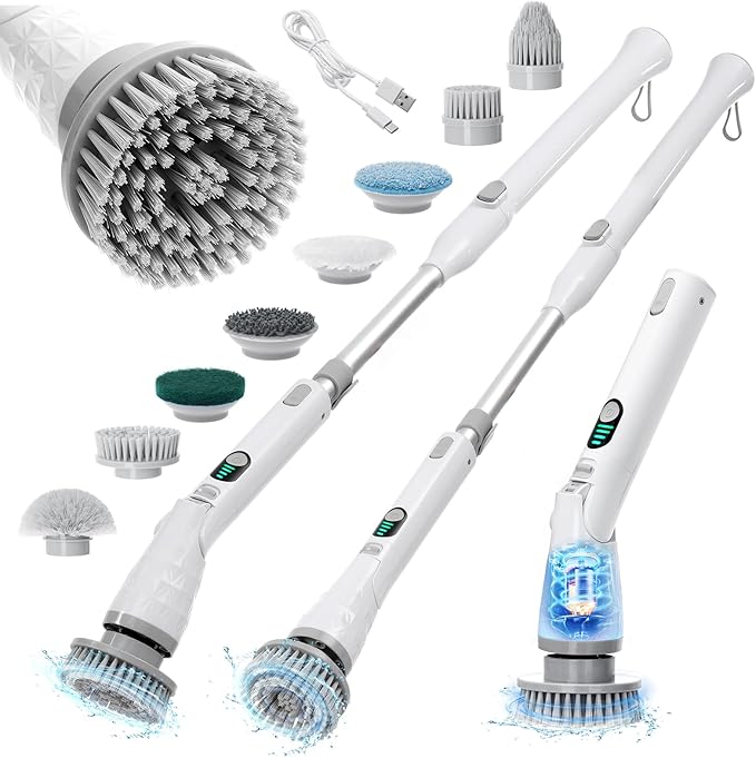 Electric Spin Scrubber, Cordless Cleaning Brush with 8 Brush Heads, Power Shower Scrubber with Long Handle, Electric Brush Cleaner with 6 Adjustable Angles IPX7 Waterproof, for Bathroom Floor Tub Car