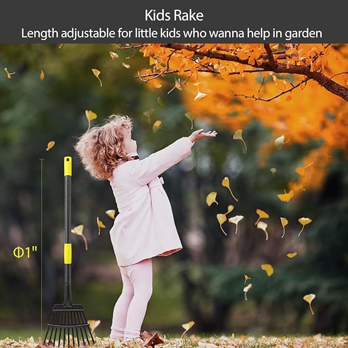 Oliynedy Leaf Rake for Gardening, Adjustable Metal Garden Rake for Leaves Long Handle 30-70", 11 Tines 9" Wide Small Lawn Collapsible Yard Adult Kids Rake for Camping Flower Beds Mulch Shrub