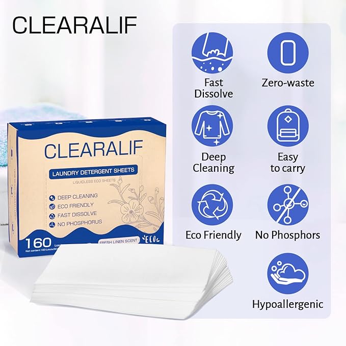CLEARALIF Laundry Detergent Sheets Up to 160 Loads, Fresh Linen - Great For Travel,Apartments, Dorms,Laundry Detergent Strips Eco Friendly & Hypoallergenic