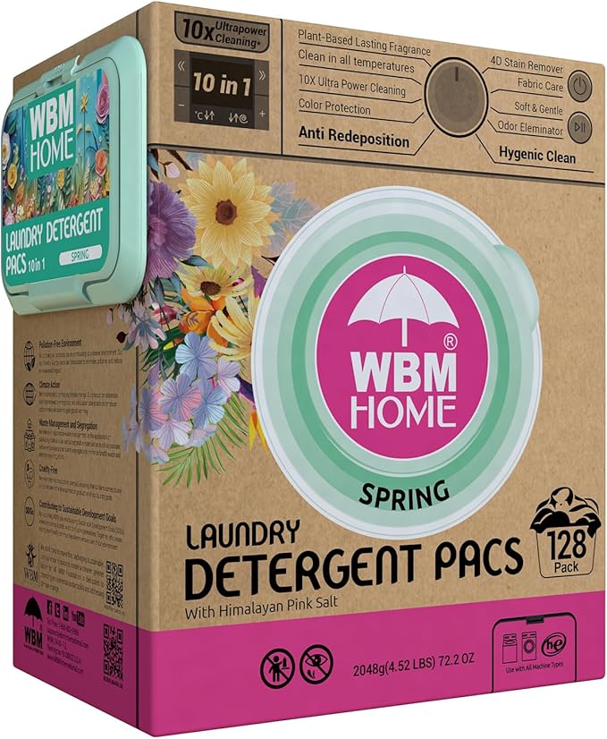 WBM Laundry Detergent Pods, Spring Fragrance Scent, 128 Count - HE Concentrated Laundry Pods With 10x Ultrapower Cleaning and 4D Laundry Stain Remover