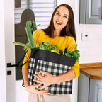 WISELIFE Reusable Grocery Shopping Bags 10 Pack Large Foldable Tote Bags Bulk, Eco Produce Bags with Long Handle for Shopping Groceries Clothes (Plaid B)