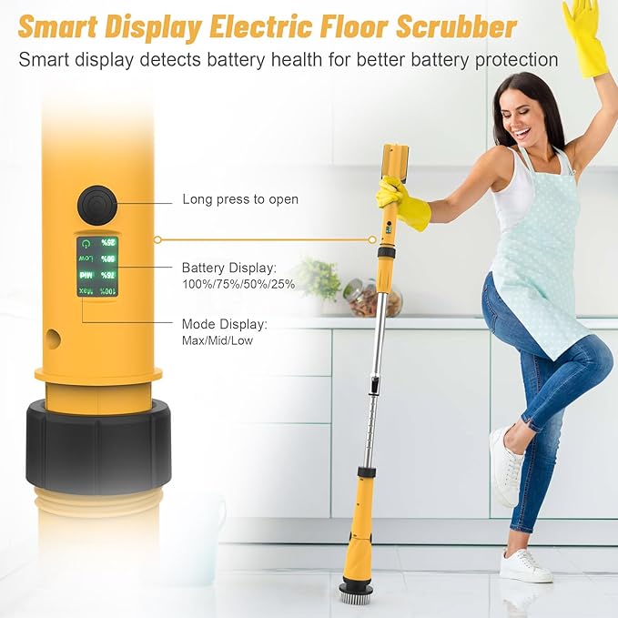 Qimedo Upgrade 1200 RPM Battery Electric Spin Scrubber, Highly Powerful Cordless Cleaning Brush with Smart Display, Electric Tile Floor Scrubber with 8 Brushes, Battery Powered Shower Scrubber