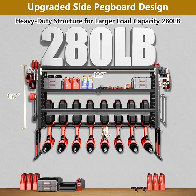 Power Tool Organizer Wall Mount, 4 Layer Heavy Duty Garage organizer Loads 280lbs, Tool Organizers with 8 Drill Hanger, Battery Tools Holder Garage Storage Organization for Workbench, Pegboard, Shed