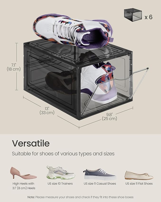 SONGMICS Shoe Boxes, Set of 6, Clear Plastic Shoe Storage, Stackable Sneaker Box, Drop Front Door, Up to US Size 11, Easy Assembly, 13 x 9.8 x 7.1 Inches, Transparent Black ULSP406B01V1