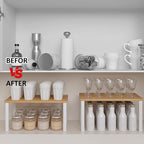 SUYU Kitchen Cabinet Organizer Shelf,Bamboo Spice Rack Set of 2,Space-Saving Countertop Organizer for Kitchen, Office, or Closet, Stackable and Nesting Shelves,White and Natural SCW201B