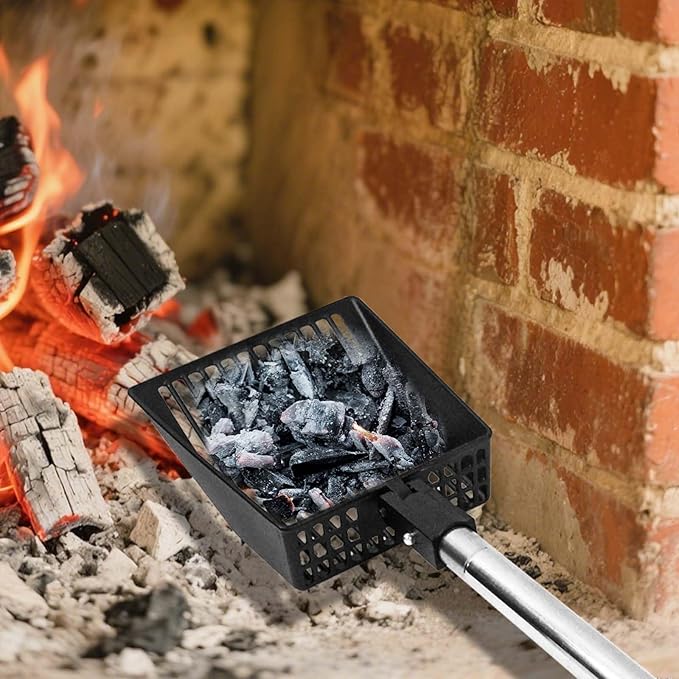 Long Handle Fireplace Ash Sifter, Hollow Out Metal Coal Shovel Adjustable Charcoal Shovel Scoop Heat Resistant Fireplace Tools for Wood Stove Fire Pit Grill (26inch/36inch)