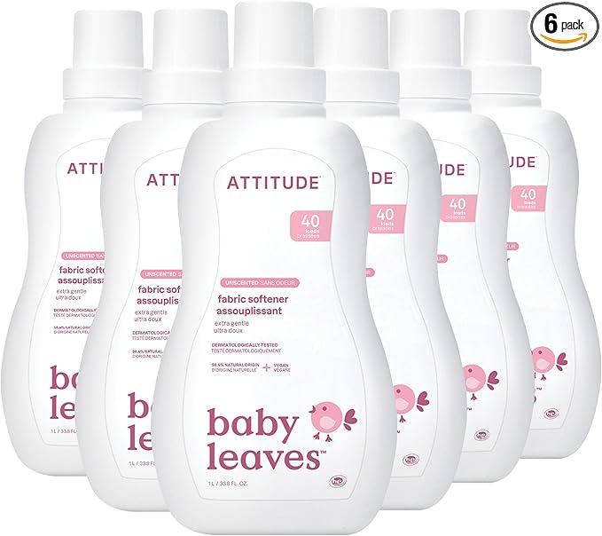 ATTITUDE Baby Fabric Softener, Unscented & Plant-Based, Liquid for Baby Clothes, HE Compatible, Vegan & Cruelty-Free, 40 Loads, 33.8 Fl Oz (Pack of 6)