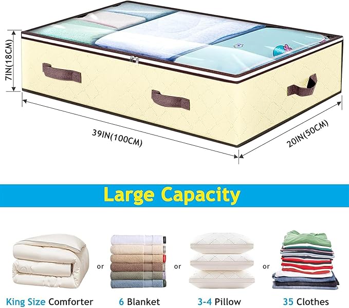 90L Under Bed Storage Containers, Closet Organizers and Storage Bins, Foldable Underbed Storages Bags for Blankets, Towels, Comforter, Sweaters, Pillows, Linen Sheets, Wrapping Paper, 4 Pack Beige