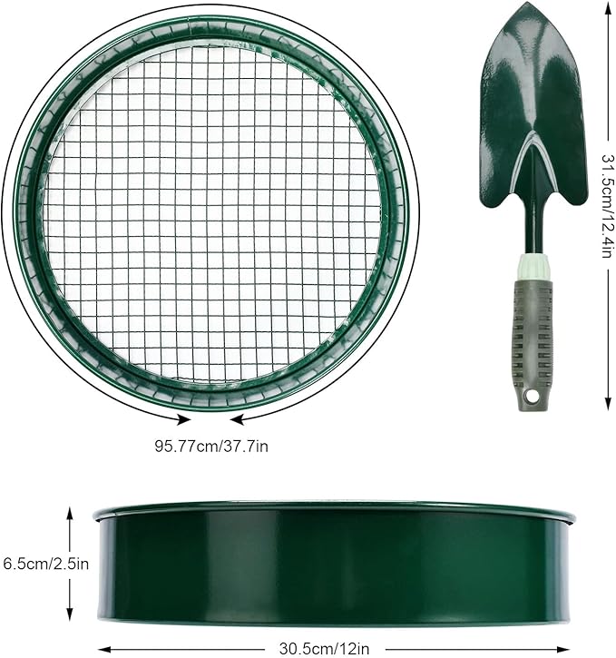 Soil Sieve Garden Riddle Sieve 12" Diameter, Fine Mesh Soil Sieve, Potting Sieve with 4 Interchangeable Filter Mesh Sizes 3,6,9,12mm and Shovel
