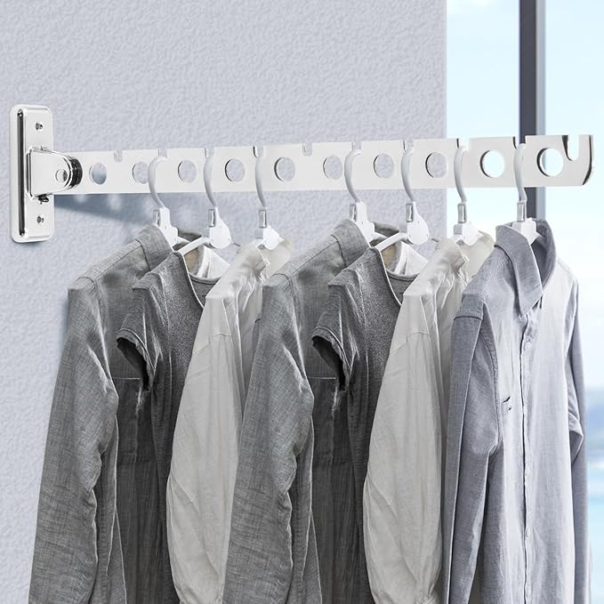 ACNISM Wall Mounted Clothes Rack, Laundry Hanger Wall Mount, Retractable & Foldable Drying Rack with 180° Rotation, Space-Saver for Laundry Room & Bedroom, Bathroom Closet Storage, 1-Pack, Silver