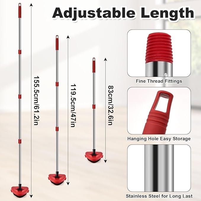 4 Part Stainless Steel Spin Mop Handles, Mop Base & Upgrade Scrub Brush Combo for Ocedar EasyWring 1 Tank Spin Mop System, Mop Handle Mop Base & Brush Set for O Cedar Mop, Universal Thin Screw Joints
