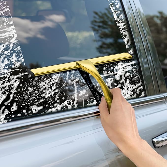 All-Purpose Stainless Steel Shower Squeegee for Shower Glass Door with Adhesive Hook, Bathroom Cleaner Tool Household Window Mirror Squeegee for Glass Doors, Cleaning Tile Wall, Car, 10 inch, Golden