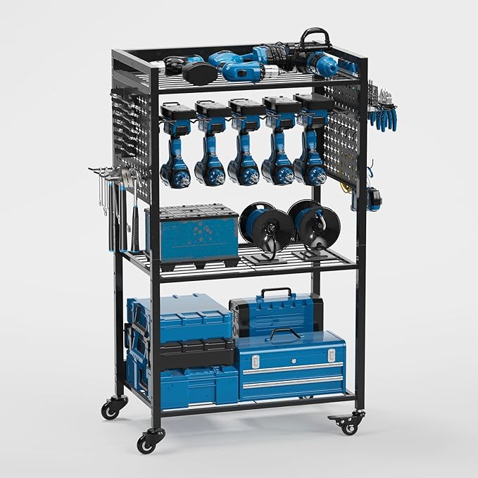 Utility Cart & Tool Organizer with 3-Tier Shelves, Pegboards & Electric Drill Holder | Heavy-Duty Rolling Cart for Garage & Workshop | Mobile Tool Storage & Gift for Men