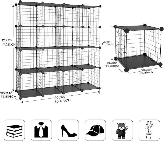 TUMUCUTE Wire Cube Storage Organizer, Metal Storage Shelves Bookshelf, Stackable Modular Closet Organizer for Bedroom Living Room, Office,Storage Shelves（16-Cube，Black）