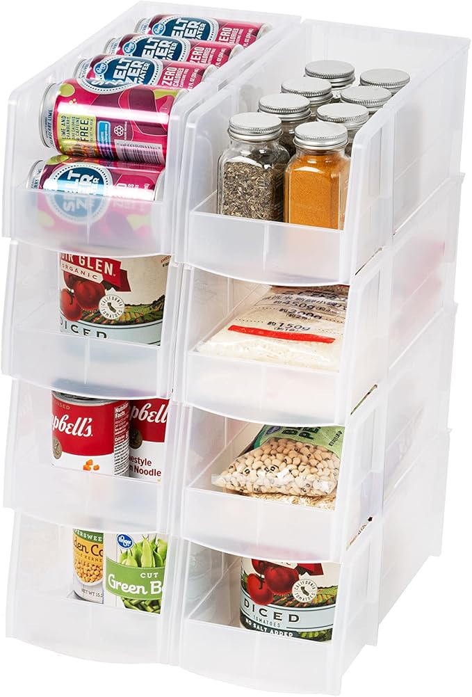 IRIS USA Clear Plastic Stackable Storage Bins, Large- 8 Pack, Open Front Fridge Pantry Kitchen Closet Cabinet Bathroom Organizer Basket for Organizing Snack, Cans, Office Supplies, and Coffee Pods
