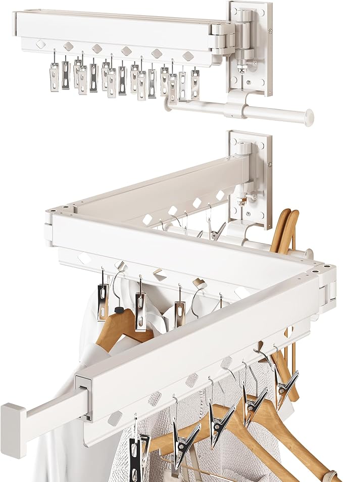 Wall Mounted Collapsible Clothes Drying Rack, Durable Space-Saving Laundry Drying Rack Clothing Hanger, Upgraded with Clips and Windproof Holes