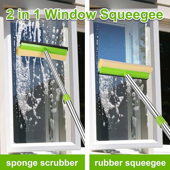 ITTAHO Window Squeegee, Squeegee for Window Cleaning, 2 in 1 Squeegee Window Cleaner with 58'' Long Handle,Window Washing Kit with Extension Pole for Shower, Windshield, Mirror, Gas Station, Glass