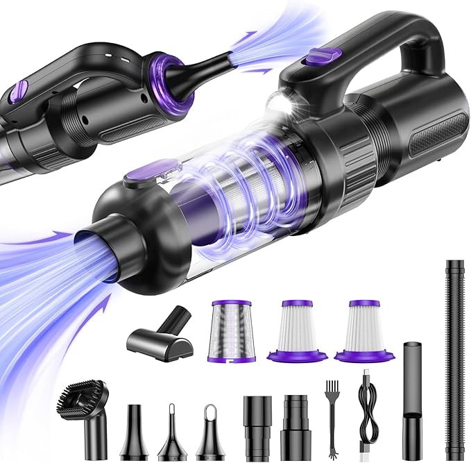 Car Vacuum Portable Cordless, 20000Pa Mini Vacuum Cleaner & Air Duster, 130W Brushless Motor Handheld Vacuum Cordless with LED Light, 7800mAh Battery, Multi-Nozzles for Car, Office, Home, Pet