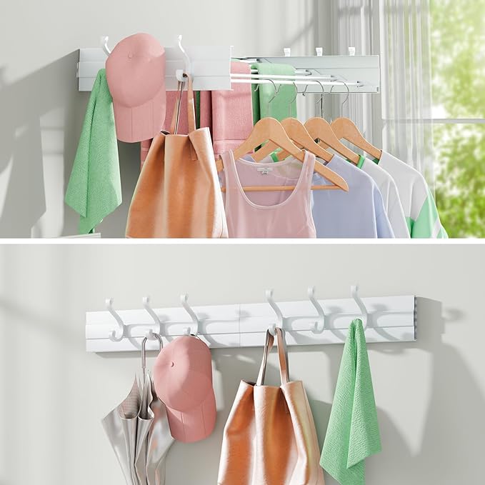 Wall Mounted Drying Rack 31.5", Foldable Laundry Clothes Drying Rack with 6 Towel Hooks and 5 Rods for Hanging Clothes, Space Saving for Indoor Outdoor Bathroom Balcony Laundry Room(31.5")