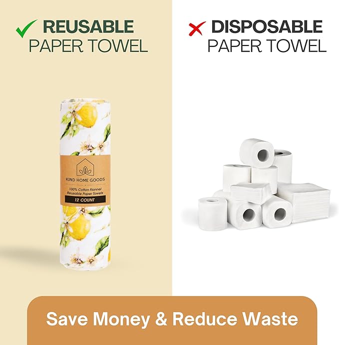 Reusable Paper Towels (12"x10”) - Soft Absorbent 100% Cloth Paper Towels- Washable Paper Towels Rolls w/Cardboard Roll-Reusable Napkins Washable- Dish Cloths (Vintage Lemons, 12x10inch)