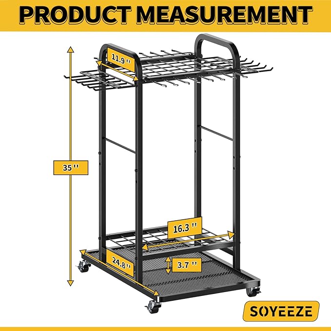SOYEEZE Garden Tool Organizer with Lockable Wheels, Heavy Duty 3-Tier Yard Tower Tool Rack for Garage, Holds Up to 35 Long-Handled Tools, Garden Tool Cart with 12 Hooks for Tool Organization Storage