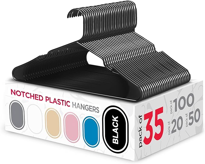 Sharpty Plastic Hangers Clothes Hangers for Clothing, Closet, Coats & Shirts - Notched, Durable & Space Saving - For Everyday Standard Use, Room Essentials & Basics - 35 Pack – Black