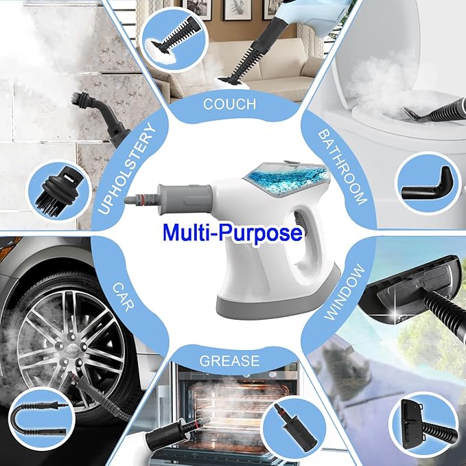Handheld Steam Cleaner for Home, 10S Immediate Heat Hand Held Steam Cleaner, with Visualized Large Water Tank & 9 PCS Accessories & Safety Lock, for Kitchen,Couch,Floor,Window,Car (WHITE+GRAY)
