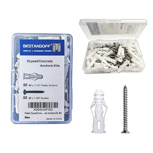 Plastic Drywall/Concrete Anchors with Stainless Steel Screws Assortment Kit 100PCS, 50 Plastic Dry Wall Anchors and 50 Flat Head Screws, Sheetrock Anchors (100, #6)