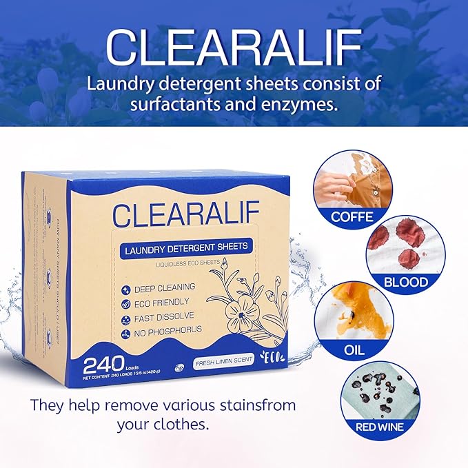 CLEARALIF Laundry Detergent Sheets Up to 240 Loads, Fresh Linen - Great For Travel,Apartments, Dorms,Laundry Detergent Strips Eco Friendly & Hypoallergenic