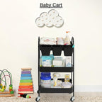 danpinera 3-Tier Rolling Cart, Metal Rolling Storage Cart with Lockable Wheels & Hanging Cups & Hooks, Mobile Trolley Cart for Kitchen, Bathroom, Office, Workshop, Black