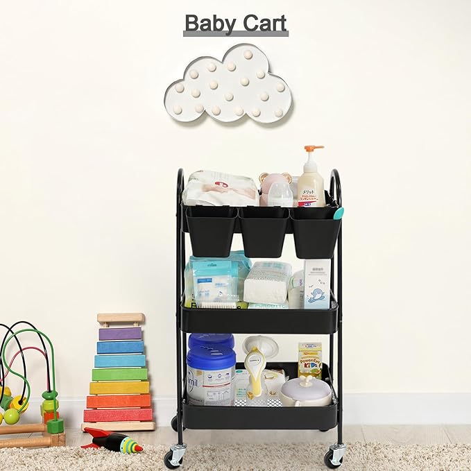 danpinera 3-Tier Rolling Cart, Metal Rolling Storage Cart with Lockable Wheels & Hanging Cups & Hooks, Mobile Trolley Cart for Kitchen, Bathroom, Office, Workshop, Black