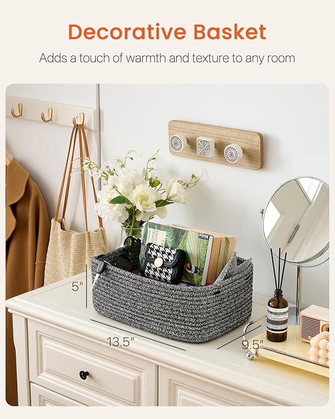 Small Woven Basket, 13.5 x 9.5 x 5 Inches, Storage Basket for Organizing, Cute Small Rope Shelf Closet Cube Storage Bins Baskets for Shelves, Dog Toy Gift Baskets Empty, 3 Pack Mixed Black