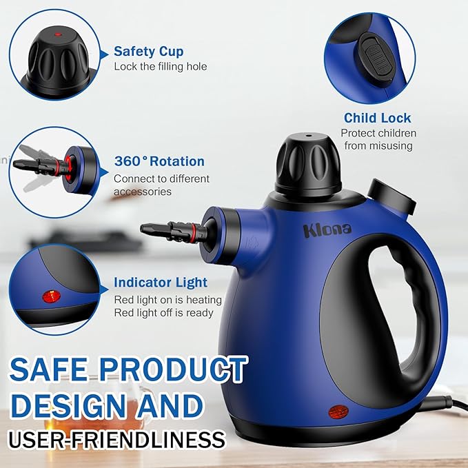 Klona Steam Cleaner, Multi-Purpose Handheld with 10 Accessories for Removing Steam Cleaner for All Dirt, Upholstery Furniture, Sofa, Tiles, Floor, Window, Car, Upholstery, Bathroom