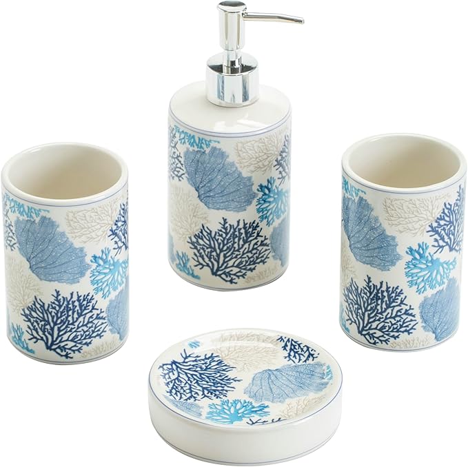 Blue Coral Bathroom Accessories Set Porcelain Coastal Bath Decor soap Dispenser Toothbrush Holder bumbler soap Dish Jewelry Tray Bathroom countertop Set for Beach Seaside Ocean Theme Bathroom Decor