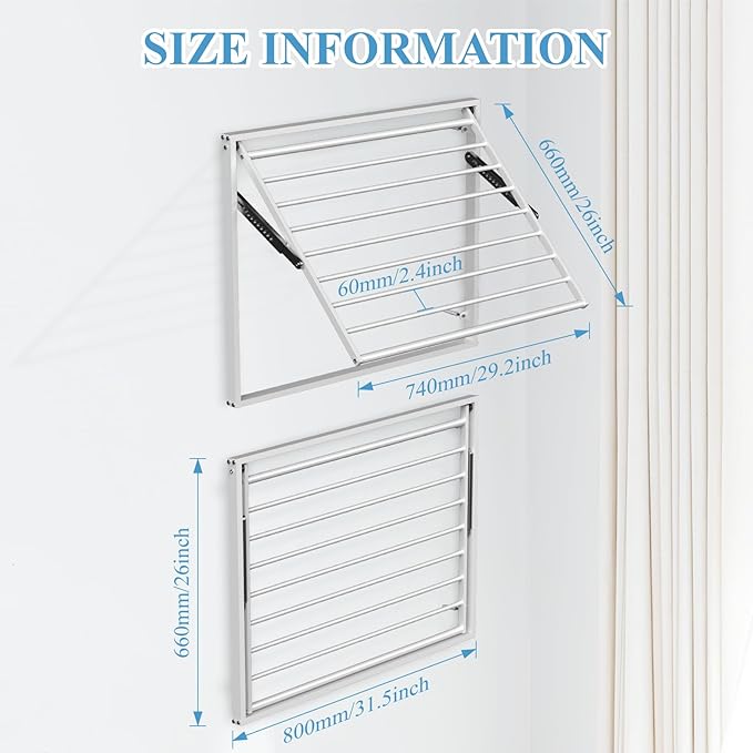 2 Pcs Wall Mount Clothes Drying Rack 26 X 31.5 Laundry Room Organizer Laundry Drying Rack Foldable Stainless Steel Drying Rack Clothing Space Saver Laundry Rack for Hanging Clothes Sock Towel
