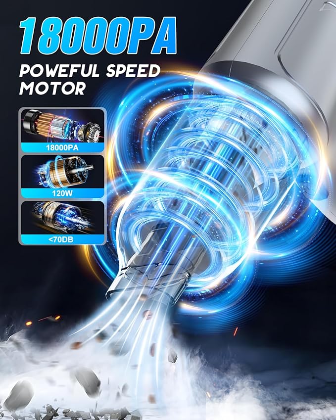 18000Pa Car Vacuum Portable Cordless, 5000mAh High Power Cordless Vacuum Cleaner, 120W Portable Vacuum for Car, Office, Pet and Home Cleaning
