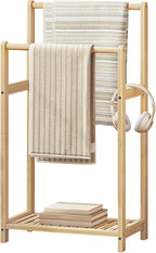 HOOBRO Freestanding Towel Rack for Bathroom, 2 Tier Decorative Bamboo Blanket Rack, Quilt Display Stand with Storage Shelf, 16.5" L x 9.4" W x 30.5" H, Bedroom, Living Room, Natural Color YL02LB01