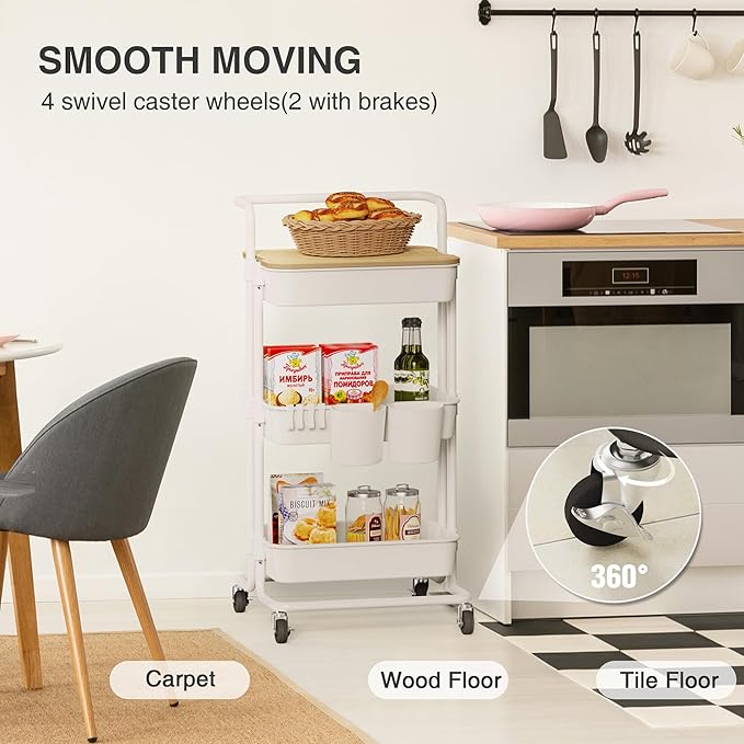 DTK 3 Tier Rolling Utility Cart with Cover Top Board, Movable Kitchen Storage Cart Trolley with Lockable Wheels, Cups, Hooks for Kitchen Bathroom Home Office Art Craft Storage and Organization(White)