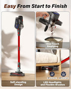 Cordless Vacuum Cleaner, 450W/45KPA Self-Standing Stick Vacuum, Lightweight Handheld Vacuum with LED Screen, Rechargeable Vacuum for Home, Hardwood, Carpets, Pet Hair, Car (Red)