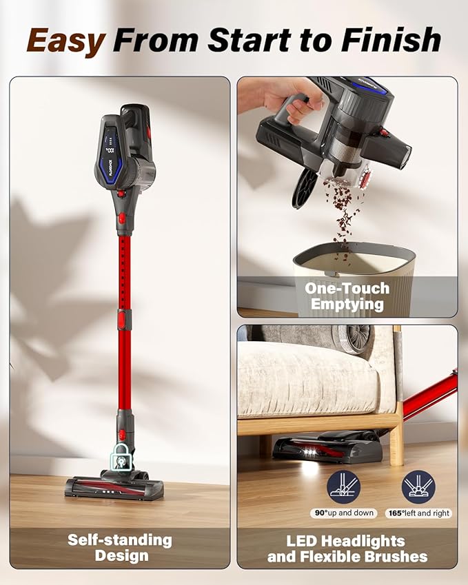 Cordless Vacuum Cleaner, 450W/45KPA Self-Standing Stick Vacuum, Lightweight Handheld Vacuum with LED Screen, Rechargeable Vacuum for Home, Hardwood, Carpets, Pet Hair, Car (Red)