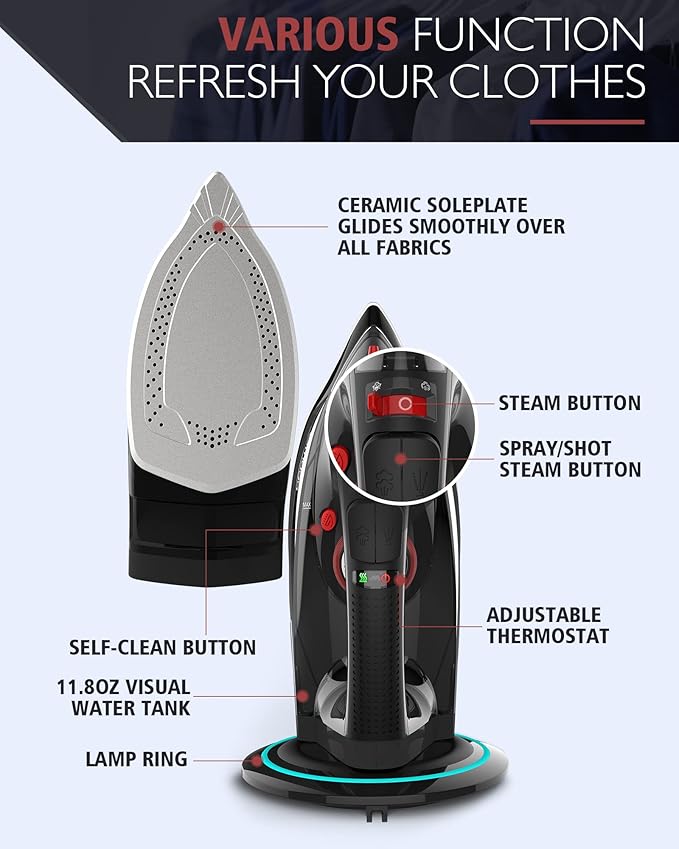 Cordless Iron for Clothes, 1500W Steam Iron Rapid Heating, Ceramic Soleplate, Auto Shut Off, Self-Clean, Anti-Calc, 3 Temperature Settings, 11.84oz Water Tank Ironing Clothes for Home, Black